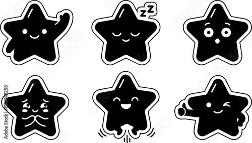 Black and white playful star characters with various facial expressions vector art