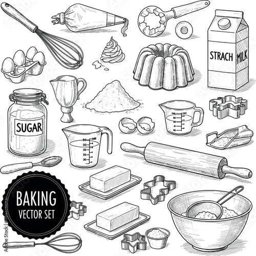 Set of Vector Illustrations Featuring Baking Tools, Ingredients, and Equipment for Culinary, Baking, and Dessert Designs