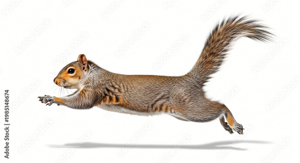 Obraz premium A swift grey squirrel in mid-air, captured in a dynamic running pose against a crisp white background, showcasing its bushy tail and agile movement