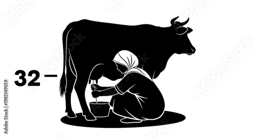 A minimalist vector illustration of a woman milking a cow in a simple black and white design
