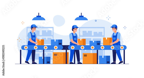 Industrial production line with diligent workers packaging and preparing goods for shipment