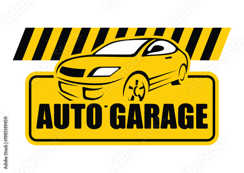 Auto Garage Logo Vector Design with Car Illustration and Industrial Hazard Stripes, Yellow and Black Automotive Service Station Emblem for Workshop, Repair Shop, and Car Care Business