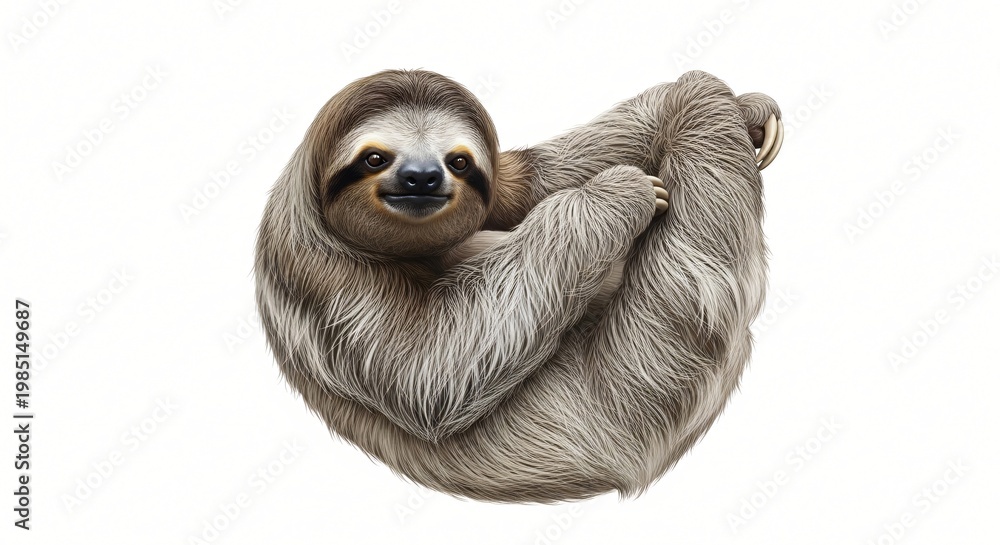 Fototapeta premium A close-up studio shot of a cute, smiling sloth hanging upside down against a white background, showcasing its long claws and furry texture