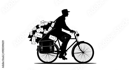 A minimalist silhouette illustration of a postal worker riding a bicycle with a large load of mail