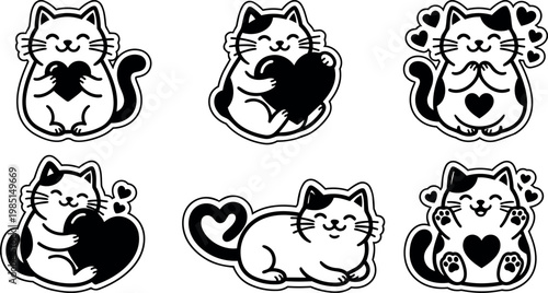 Black and white cats holding heart shapes cute happy cats illustration set