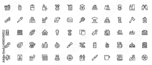Doomsday prepper icon set. Survival vector icons pack. Includes radio, gas mask, bunker, compass, generator, first aid, food, weapons and more. Editable stroke.