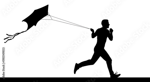 A silhouette of a man running with a kite in a minimalist vector illustration