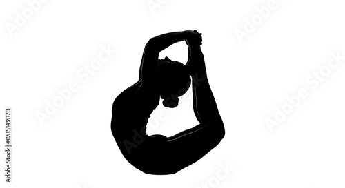 A black silhouette of a woman stretching her arms up in a yoga pose