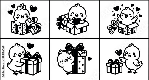 Cute chicks with gift boxes and hearts