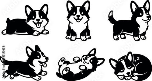 Black and white corgi dog cartoon vector art in six different playful poses