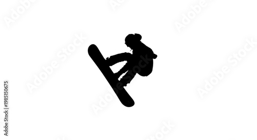 A silhouette of a snowboarder performing a trick on a snowboard against a white background