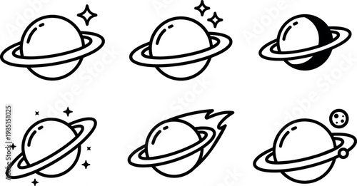 Ringed planets with stars moon and comet vector icons