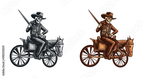 Skeleton Cowboy Riding Horse-Drawn Vehicle, Vintage Western Illustration