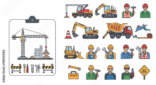 Construction Icons and Elements: Workers, Machines, Tools, and Crane