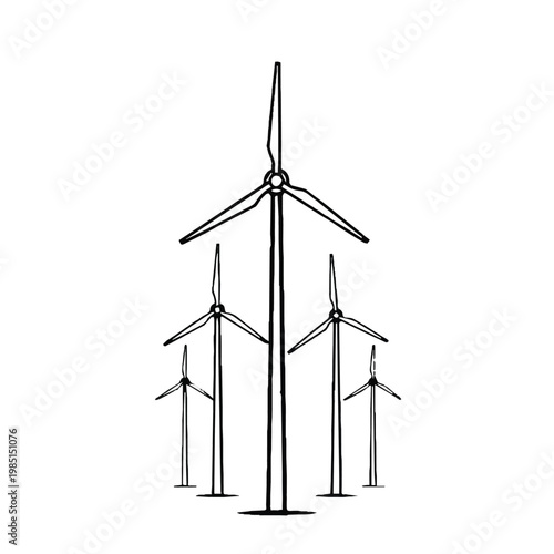 Wind turbines generating renewable energy on a white background
