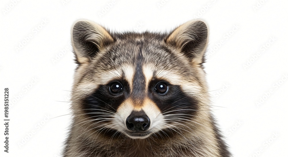 Fototapeta premium Captivating close-up of a wild raccoon's face, displaying its unique mask and direct, alert gaze, beautifully set against a crisp white background, emphasizing its natural charm
