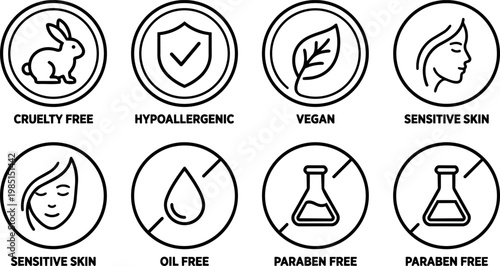 Cruelty free vegan sensitive skin hypoallergenic oil free paraben free icons set