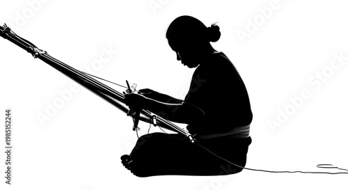 A silhouette of a woman sitting and playing a traditional stringed instrument with a minimalist design