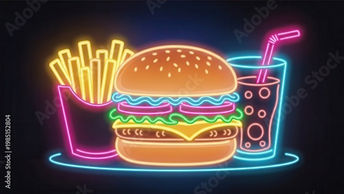 Electrifying neon fast food combo glowing brightly, showcasing a classic diner meal with vibrant