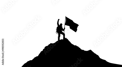 A silhouette of a triumphant person standing on a mountain peak with a flag