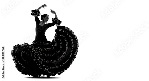 A silhouette of a flamenco dancer in a dynamic pose with a flowing skirt