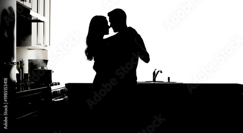 A romantic couple shares a tender moment in a modern kitchen with a silhouette design