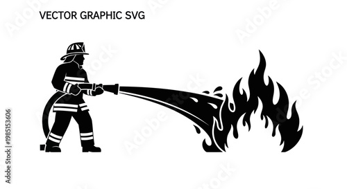 Firefighter silhouette spraying water on flames, vector graphic