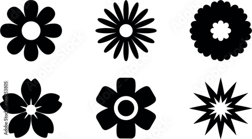 Black silhouette floral shapes collection with various petal styles