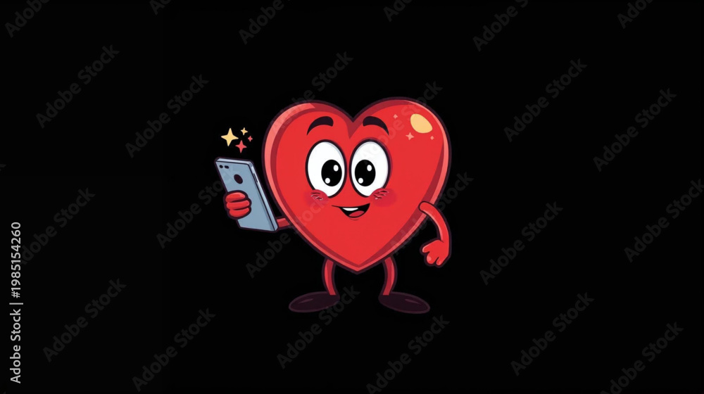 Fototapeta premium illustration a cartoon heart character holding smarthphone on black background