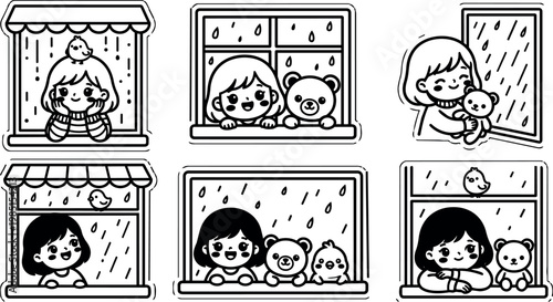 Black and white vector art children with teddy bears and birds by rainy window scenes
