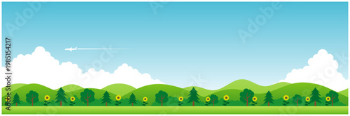 夏の山並みと青空の風景背景 横長バナー用イラスト ひまわりと森林の自然景色