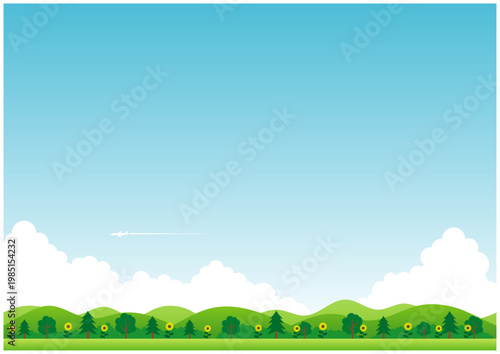 夏の自然風景背景 シンプルな山と空の横長バナー素材 コピースペース広め