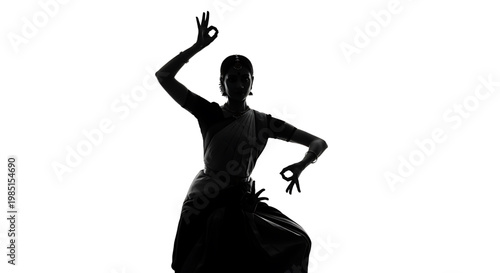 A silhouette of a woman in a dynamic dance pose against a white background