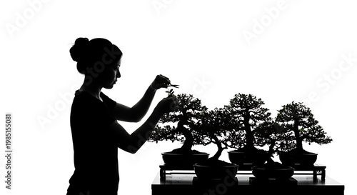A woman in silhouette tends to bonsai trees on a table against a white background