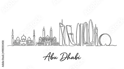 Minimalist Illustration of Abu Dhabi Skyline Featuring Iconic Architecture and Modern Skyscrapers