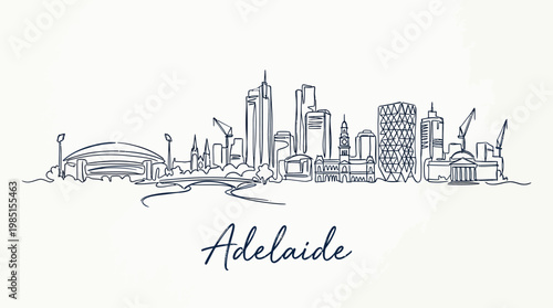 Minimalist line art illustration capturing the iconic skyline of Adelaide showcasing various architectural structures and