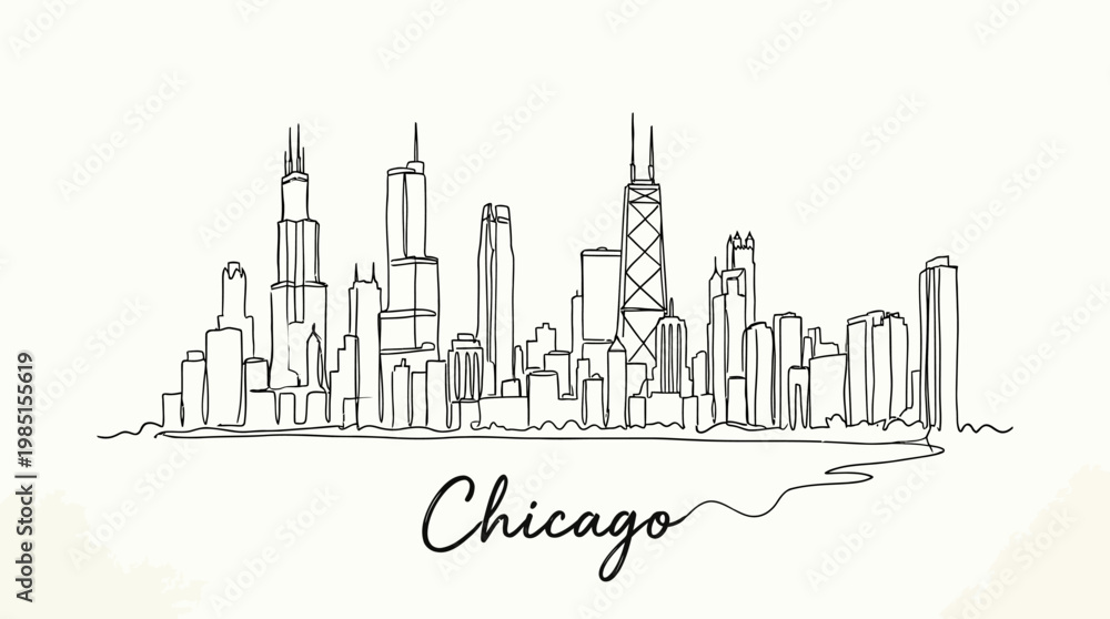 Fototapeta premium Minimalist Hand-Drawn Skyline Illustration of Chicago Featuring Iconic Skyscrapers in Black and White