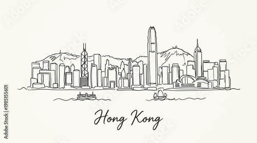 Minimalist Line Drawing of Hong Kong Skyline Featuring Famous Skyscrapers and Harbor View for Modern Cityscape Art