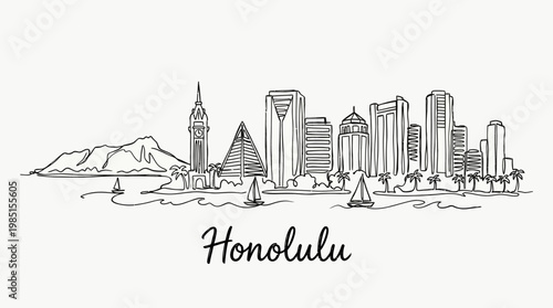 Minimalist line art illustration of Honolulu skyline with iconic buildings and waterfront scenery emphasizing urban maritime