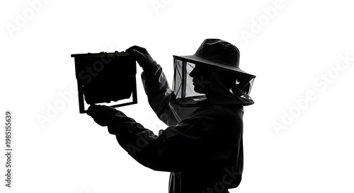 A beekeeper in silhouette inspecting a hive frame with protective gear