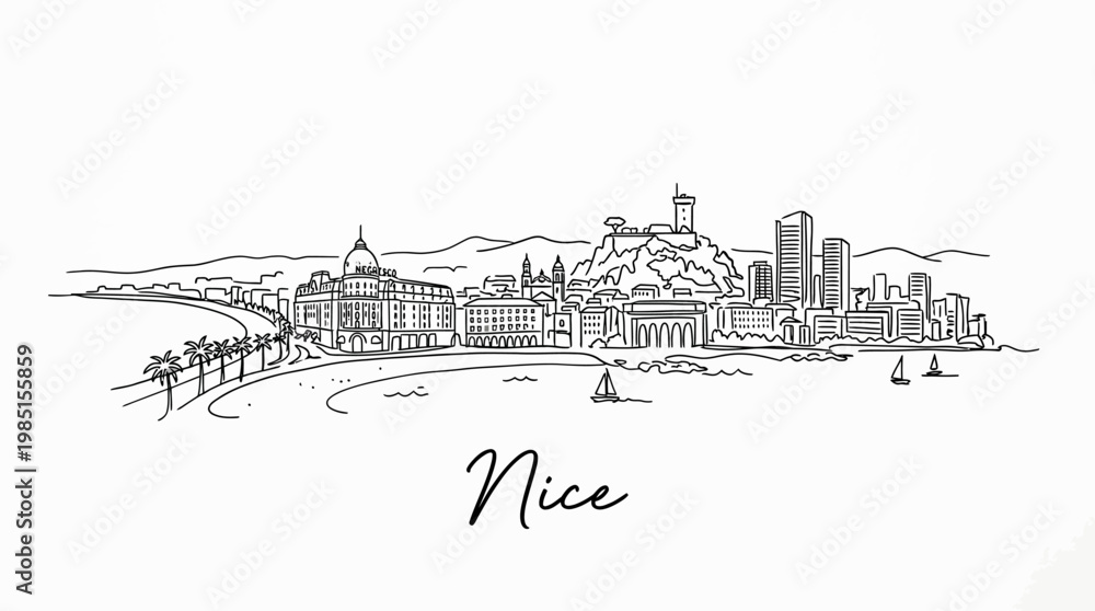 Fototapeta premium Elegant minimalist coastal cityscape illustration capturing a serene waterfront scene with sailboats and historic architecture