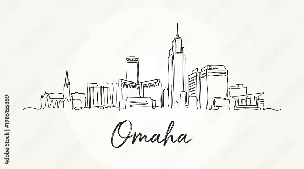 Fototapeta premium Minimalist Line Art Illustration Showcasing Omaha's Skyline with Artistic Text Representation