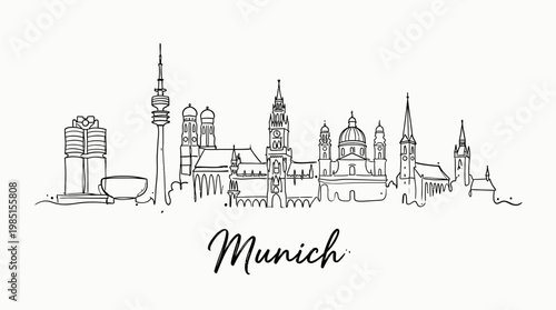 Stylized Line Drawing of Munich Skyline Featuring Iconic Landmarks and Tower Structures for Urban Landscape Art