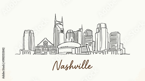 Elegant minimalistic line art depiction of Nashville's iconic skyline featuring historic and modern buildings in a simple style
