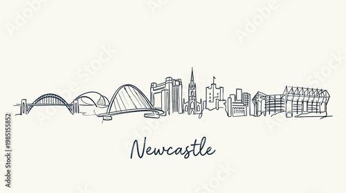 Minimalist Line Drawing of Newcastle Skyline Featuring Iconic Landmarks and Cityscape in Elegant Continuous Outline