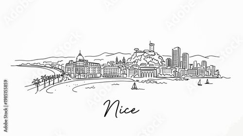 Elegant minimalist coastal cityscape illustration capturing a serene waterfront scene with sailboats and historic architecture