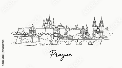 Minimalist Black and White Line Illustration of Prague's Historic Skyline with the City Name in Elegant Script