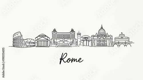 Minimalist Line Drawing of Rome's Iconic Architecture Featuring Structures Like the Colosseum and St. Peter's Basilica