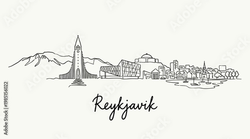 Minimalist black and white line drawing of Reykjavik cityscape with iconic landmarks and mountainous backdrop