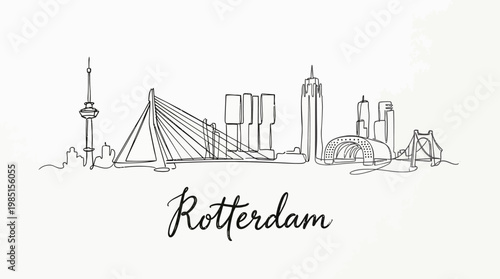 Minimalist Line Drawing of Rotterdam Skyline Featuring Iconic Structures and Cityscape